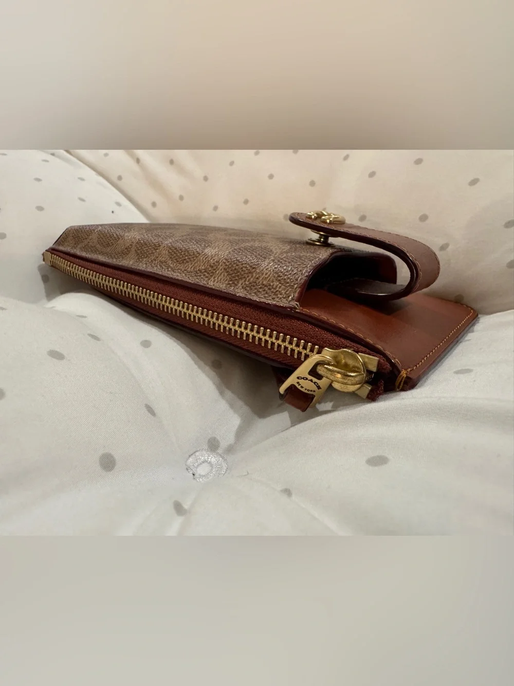 Coach Brown Logo Canvas & Leather Phone Wallet Case with Gold C Accent